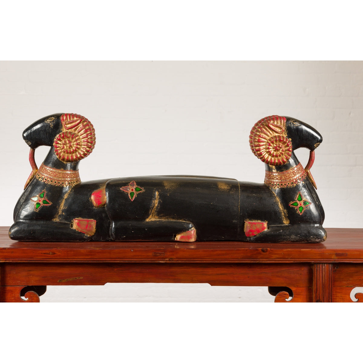 Vintage Northern Thai Double Ram Painted Sculpture with Gilt and Jewelry Motifs-2. Asian & Chinese Furniture, Art, Antiques, Vintage Home Décor for sale at FEA Home