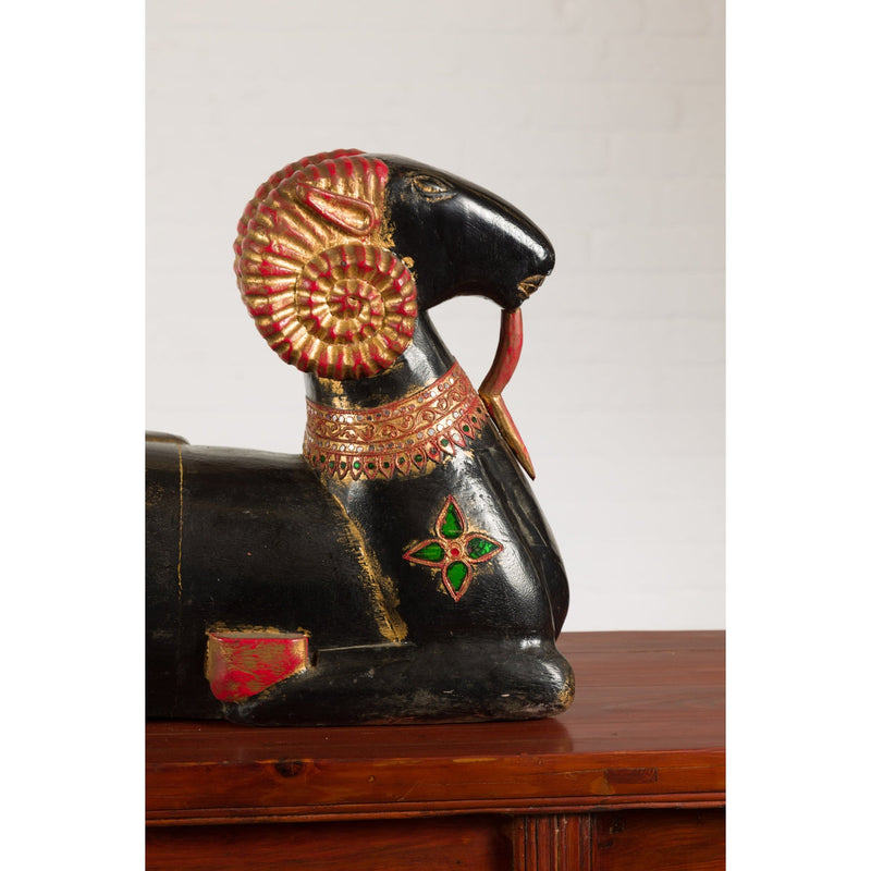 Vintage Northern Thai Double Ram Painted Sculpture with Gilt and Jewelry Motifs-YN7796-12. Asian & Chinese Furniture, Art, Antiques, Vintage Home Décor for sale at FEA Home