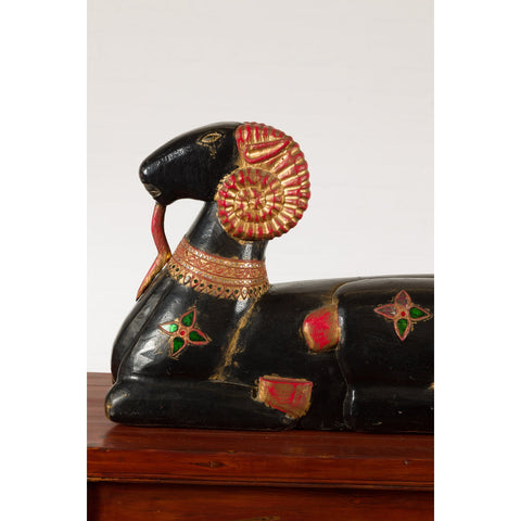 Vintage Northern Thai Double Ram Painted Sculpture with Gilt and Jewelry Motifs-YN7796-13. Asian & Chinese Furniture, Art, Antiques, Vintage Home Décor for sale at FEA Home