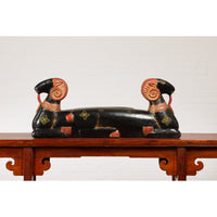 Vintage Northern Thai Double Ram Painted Sculpture with Gilt and Jewelry Motifs