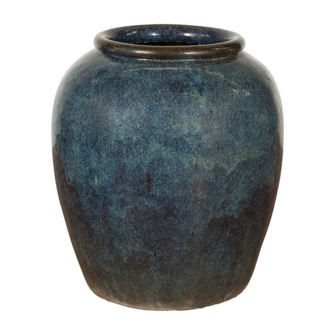 Vintage Oversized Thai Shigaraki Style Namako Glazed Planter with Wave Effects-1. Asian & Chinese Furniture, Art, Antiques, Vintage Home Décor for sale at FEA Home