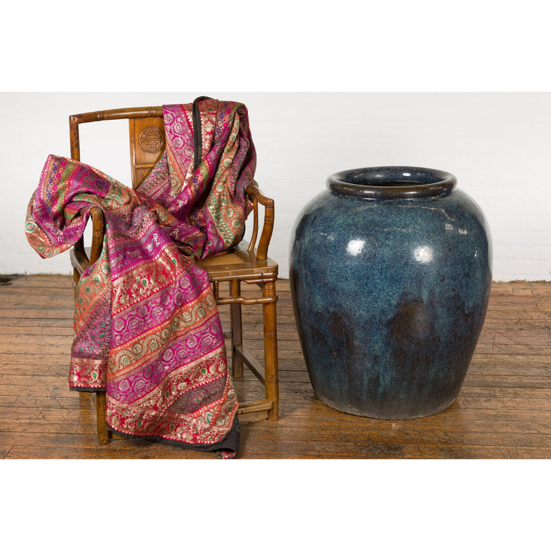 Vintage Oversized Thai Shigaraki Style Namako Glazed Planter with Wave Effects-10. Asian & Chinese Furniture, Art, Antiques, Vintage Home Décor for sale at FEA Home