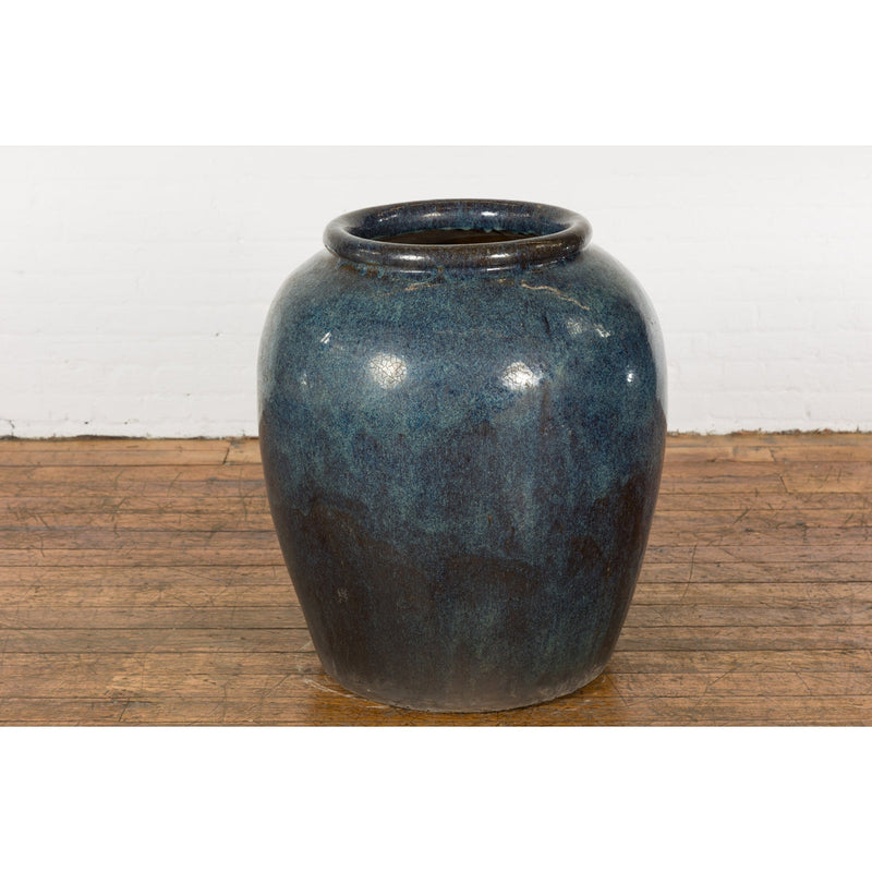 Vintage Oversized Thai Shigaraki Style Namako Glazed Planter with Wave Effects-11. Asian & Chinese Furniture, Art, Antiques, Vintage Home Décor for sale at FEA Home