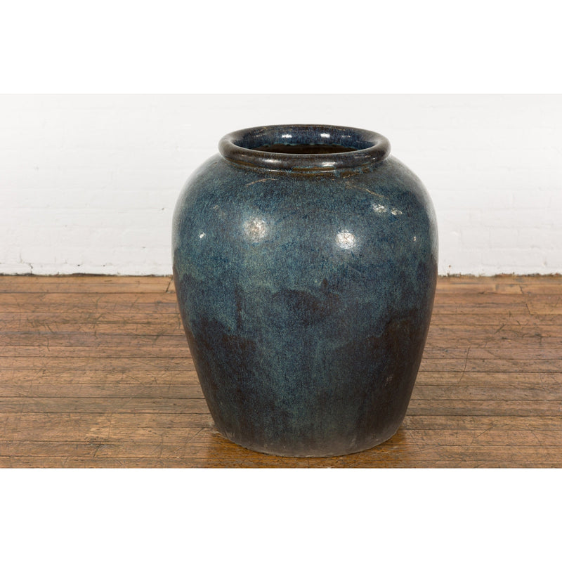 Vintage Oversized Thai Shigaraki Style Namako Glazed Planter with Wave Effects-12. Asian & Chinese Furniture, Art, Antiques, Vintage Home Décor for sale at FEA Home