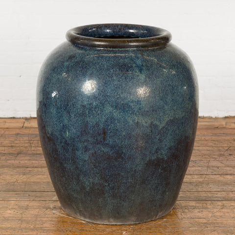 Vintage Oversized Thai Shigaraki Style Namako Glazed Planter with Wave Effects-13. Asian & Chinese Furniture, Art, Antiques, Vintage Home Décor for sale at FEA Home