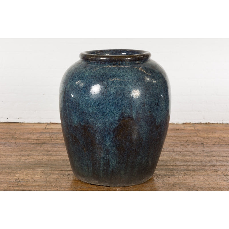 Vintage Oversized Thai Shigaraki Style Namako Glazed Planter with Wave Effects-2. Asian & Chinese Furniture, Art, Antiques, Vintage Home Décor for sale at FEA Home
