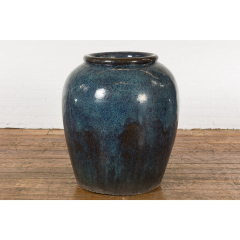 Vintage Oversized Thai Shigaraki Style Namako Glazed Planter with Wave Effects-2. Asian & Chinese Furniture, Art, Antiques, Vintage Home Décor for sale at FEA Home