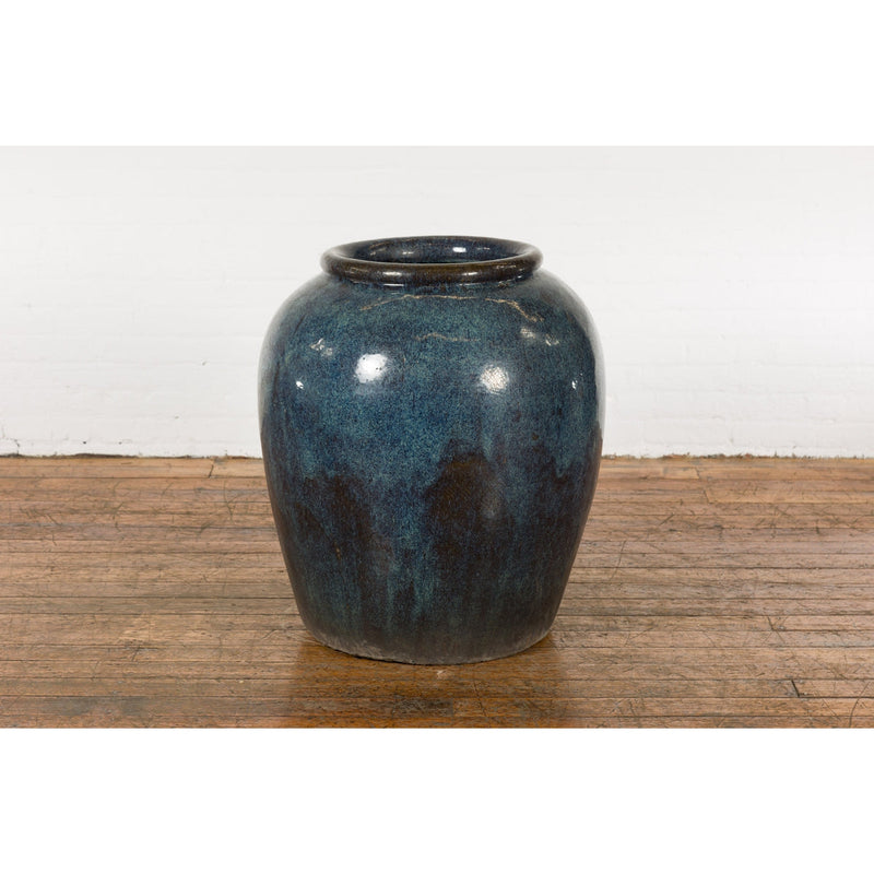 Vintage Oversized Thai Shigaraki Style Namako Glazed Planter with Wave Effects-3. Asian & Chinese Furniture, Art, Antiques, Vintage Home Décor for sale at FEA Home
