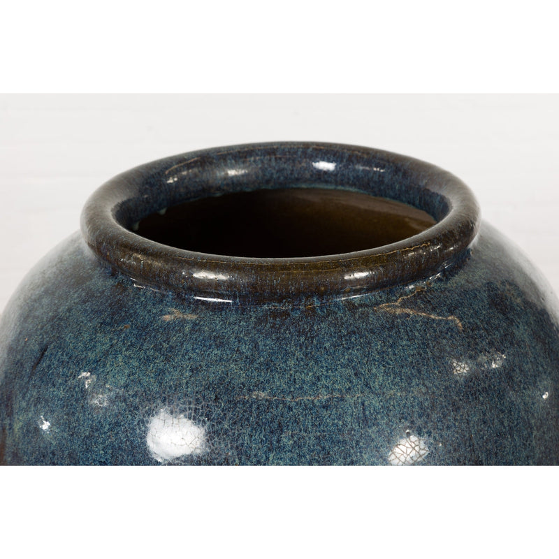 Vintage Oversized Thai Shigaraki Style Namako Glazed Planter with Wave Effects-4. Asian & Chinese Furniture, Art, Antiques, Vintage Home Décor for sale at FEA Home