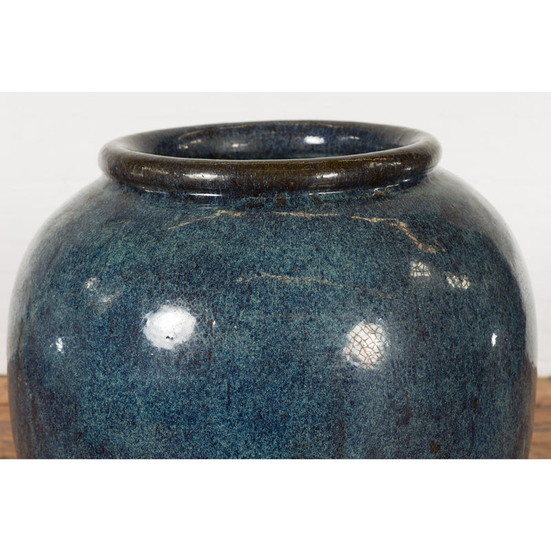 Vintage Oversized Thai Shigaraki Style Namako Glazed Planter with Wave Effects-5. Asian & Chinese Furniture, Art, Antiques, Vintage Home Décor for sale at FEA Home