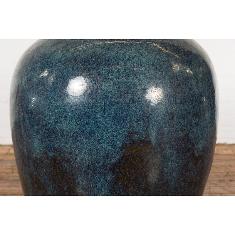 Vintage Oversized Thai Shigaraki Style Namako Glazed Planter with Wave Effects-6. Asian & Chinese Furniture, Art, Antiques, Vintage Home Décor for sale at FEA Home
