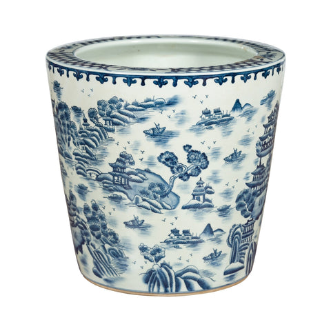 Vintage Porcelain Cache-Pot Planter with Blue and White Mountainous Landscape-YN3517-1. Asian & Chinese Furniture, Art, Antiques, Vintage Home Décor for sale at FEA Home