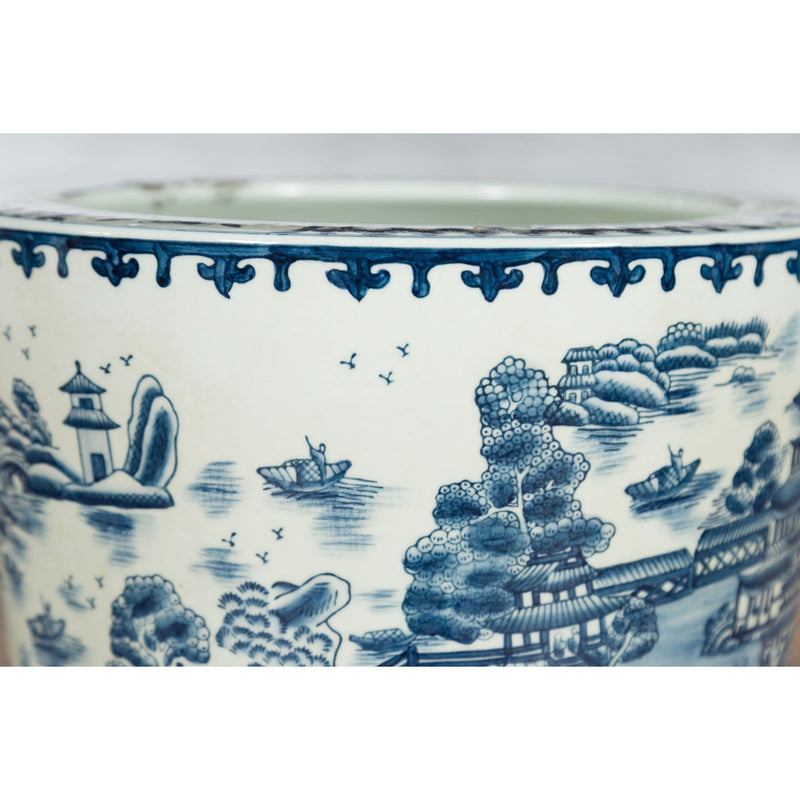 Vintage Porcelain Cache-Pot Planter with Blue and White Mountainous Landscape-YN3517-10. Asian & Chinese Furniture, Art, Antiques, Vintage Home Décor for sale at FEA Home