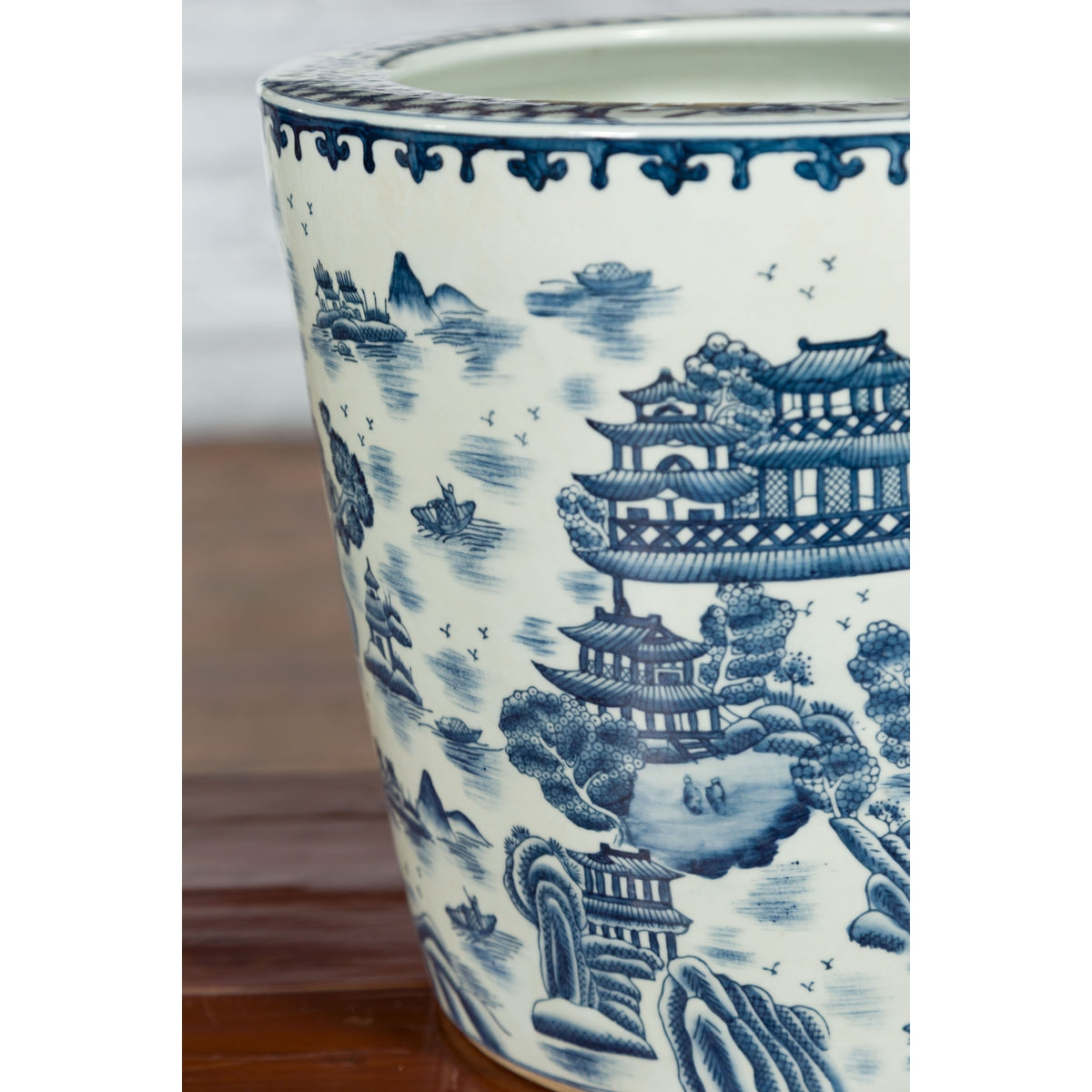 Vintage Porcelain Cache-Pot Planter with Blue and White Mountainous Landscape-4. Asian &amp; Chinese Furniture, Art, Antiques, Vintage Home Décor for sale at FEA Home