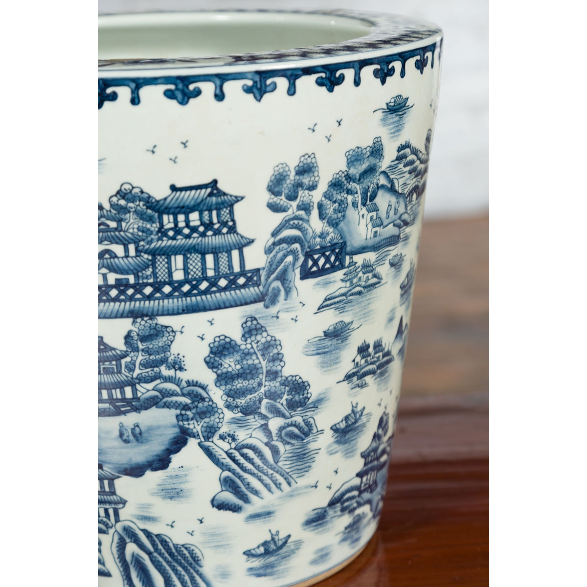 Vintage Porcelain Cache-Pot Planter with Blue and White Mountainous Landscape-5. Asian &amp; Chinese Furniture, Art, Antiques, Vintage Home Décor for sale at FEA Home