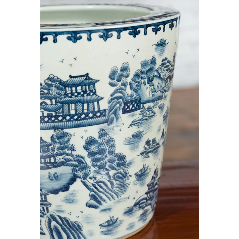 Vintage Porcelain Cache-Pot Planter with Blue and White Mountainous Landscape-YN3517-5. Asian & Chinese Furniture, Art, Antiques, Vintage Home Décor for sale at FEA Home