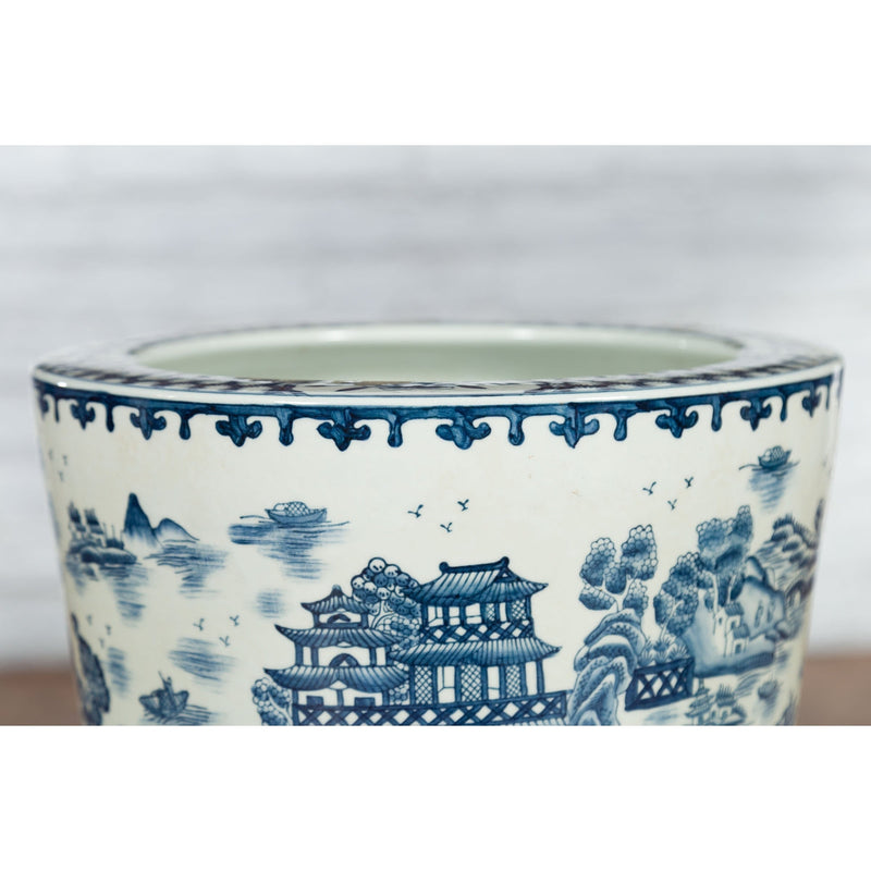 Vintage Porcelain Cache-Pot Planter with Blue and White Mountainous Landscape-YN3517-6. Asian & Chinese Furniture, Art, Antiques, Vintage Home Décor for sale at FEA Home