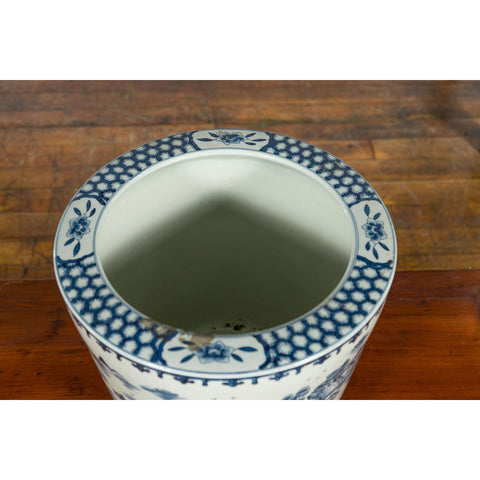 Vintage Porcelain Cache-Pot Planter with Blue and White Mountainous Landscape