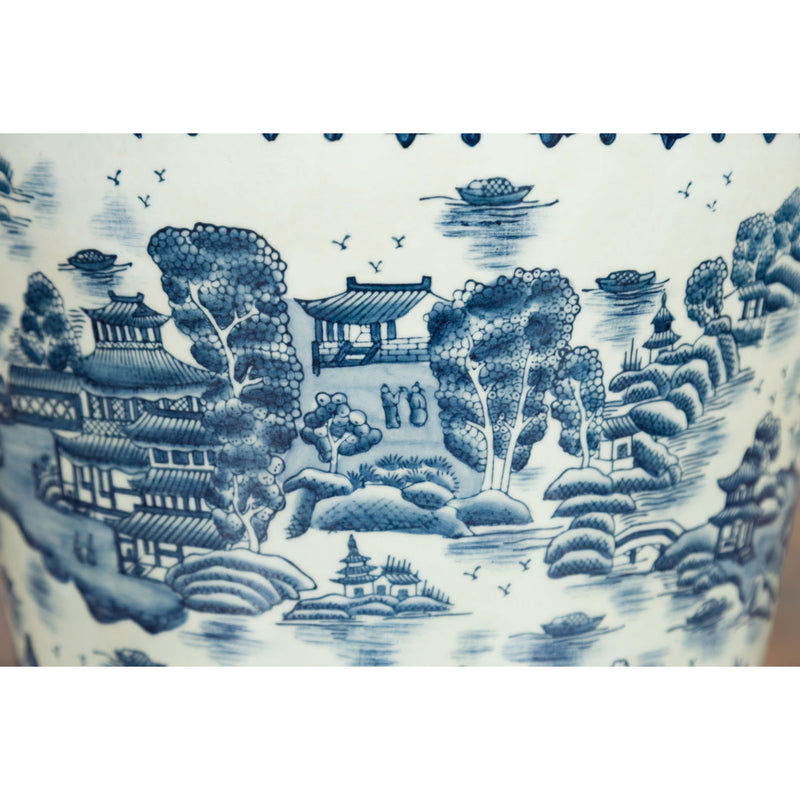 Vintage Porcelain Cache-Pot Planter with Blue and White Mountainous Landscape-YN3517-9. Asian & Chinese Furniture, Art, Antiques, Vintage Home Décor for sale at FEA Home